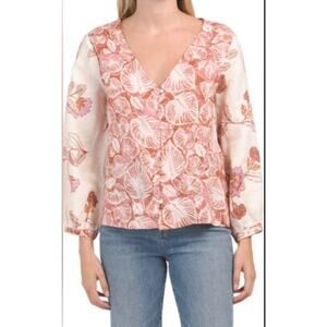 Tahari Sz L 100% Linen Pink Cream Floral Blouse Top Lightweight Breathable